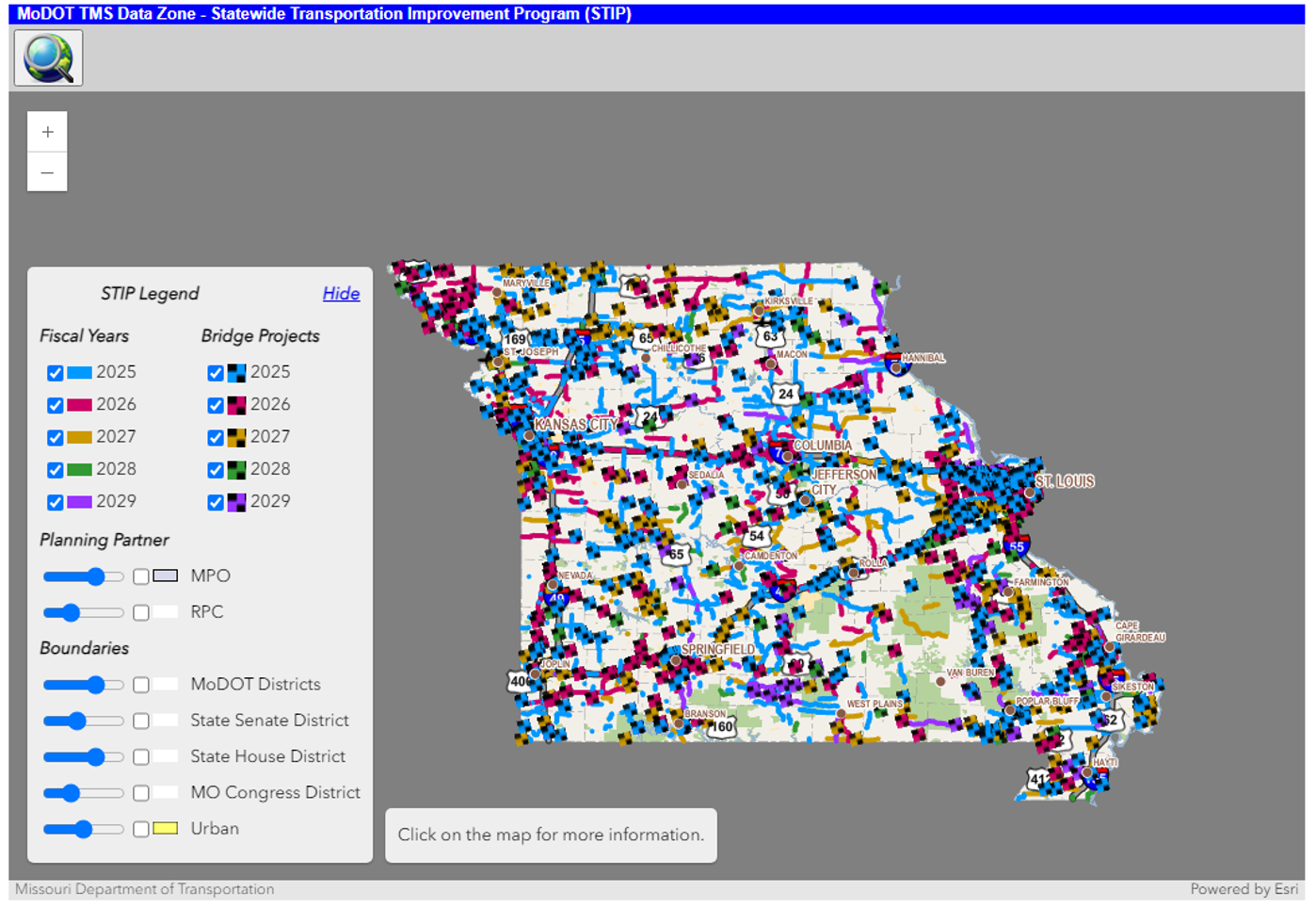 screenshot from MoDOT&rsquo;s Interactive STIP Map displaying a map of Missouri marked with locations of all bridge projects for 2025 through 2029