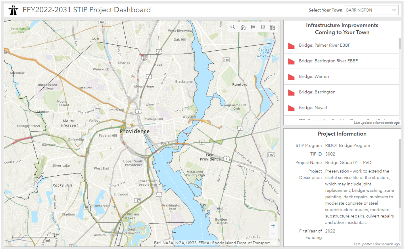screenshot from Rhode Island&rsquo;s STIP Project Dashboard displaying a map of the Providence, Rhode Island area marked with locations of future infrastructure projects