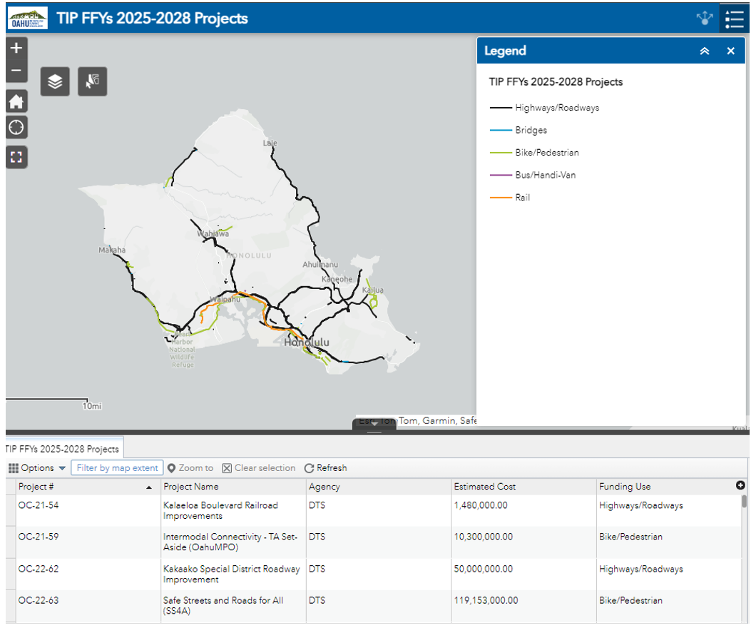 screenshot from Oahu&rsquo;s MPO TIP Interactive Map displaying a map of Oahu marked with locations of 2025-2028 TIP projects