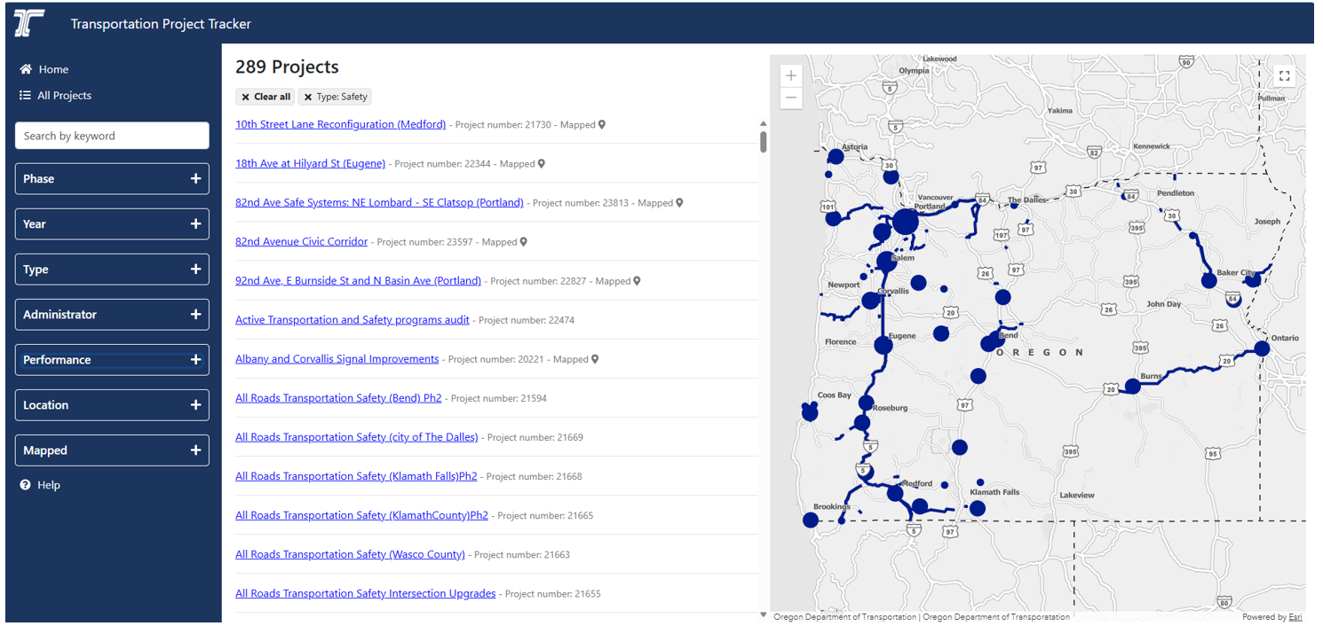 screenshot from ODOT&rsquo;s Transportation Project Tracker displaying a map of Oregon marked with locations of 289 projects