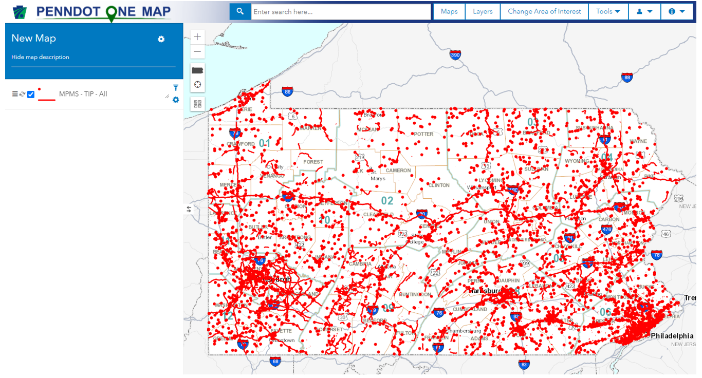 screenshot of the TIP Layer on PennDOT&rsquo;s One Map displaying a map of Pennsylvania marked with locations of all TIP projects