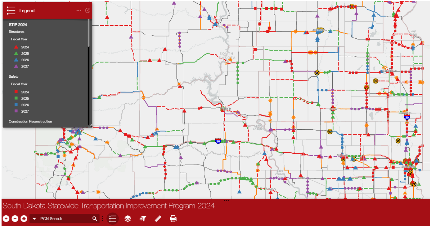 screenshot of SDDOT&rsquo;s STIP Map displaying a map of South Dakota marked with locations of all STIP 2024-2027 projects
