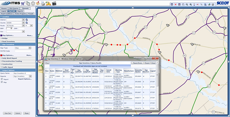 screenshot of the ITMS which shows a map, a table of Sign Inventory Query Results, and a Map Options user interface