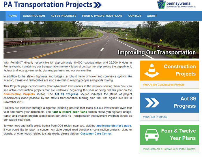 screenshot of the PennDOT website homepage