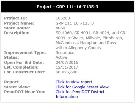 screenshot from the PennDOT GIS Application showing the information displayed in the info window when a project on the map is clicked