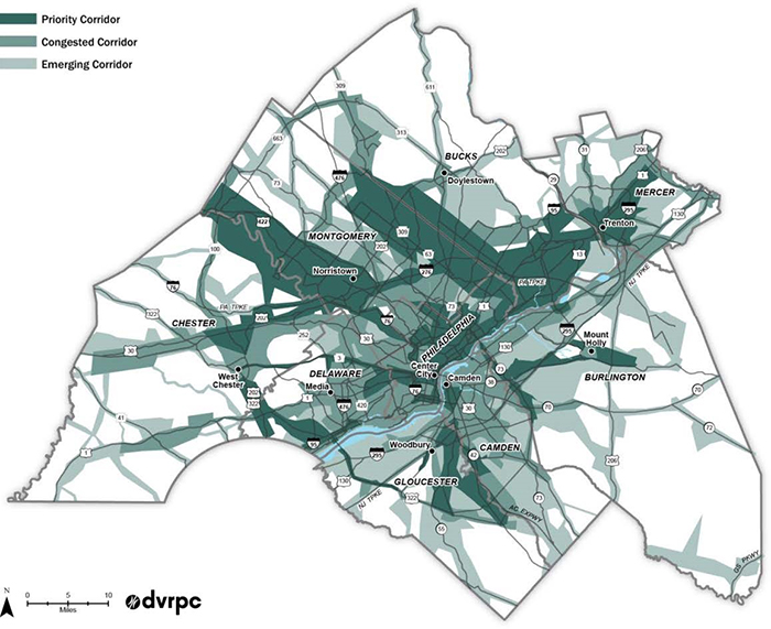 DVRP corridors map centered around Philadelphia, Pennsylvania that is color-coded to show Priority Corridors, Congested Corridors, and Emerging Corridors