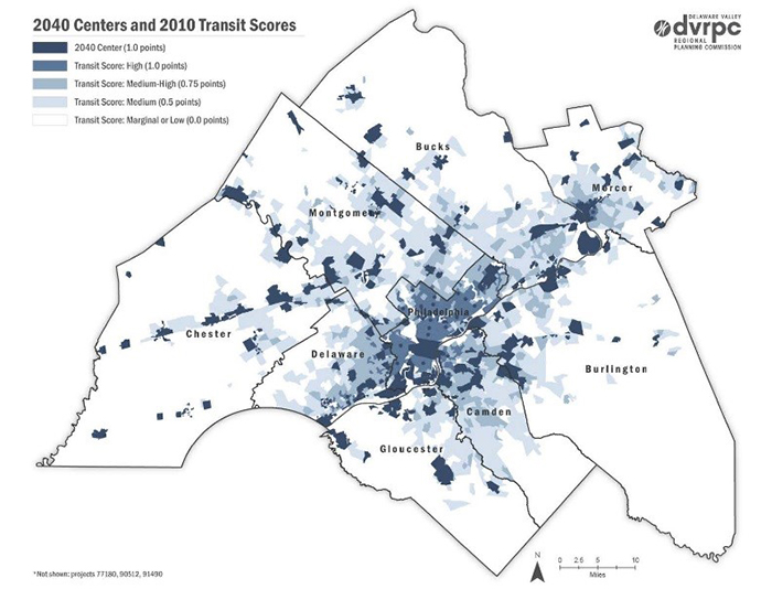 DVRPC map centered around Philadelphia that is color-coded to show the level of investment in local, suburban, and rural centers and transit centers