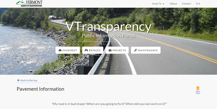 screenshot of the home page of VTrans' VTransparency Public Information Portal