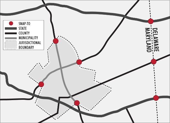 map marked with seven red circles (snap-to points)