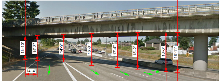 photo of a bridge marked to show the height between the roadway and the underside of the bridge in eight locations