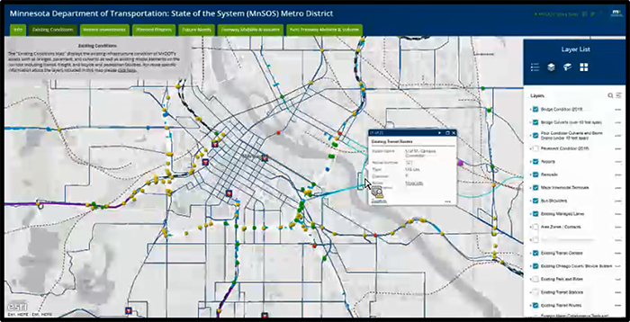 screenshot of MnDOT’s State of the System Metro District – Existing Condition Map