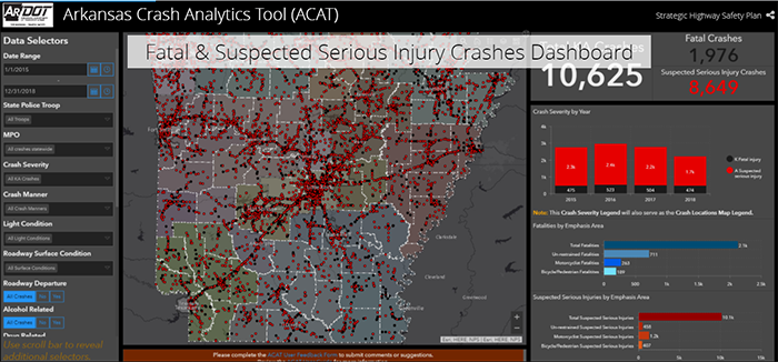 screenshot of ARDOT’s ACAT Fatal & Suspected Serious Injury Crashes Dashboard