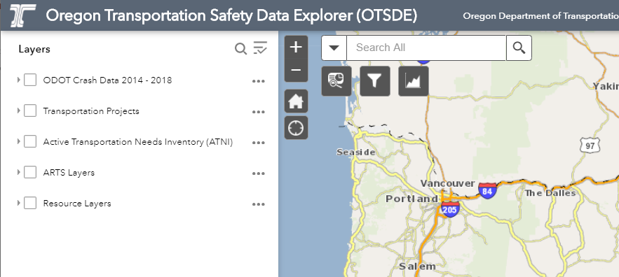 screenshot of ODOT’s OTSDE which contains a map of the Portland Oregon area and a list of user-selectable map layer choices: ODOT Crash Data 2014-2018, Transportation Projects, ATNI, ARTS Layers, and Resources Layers
