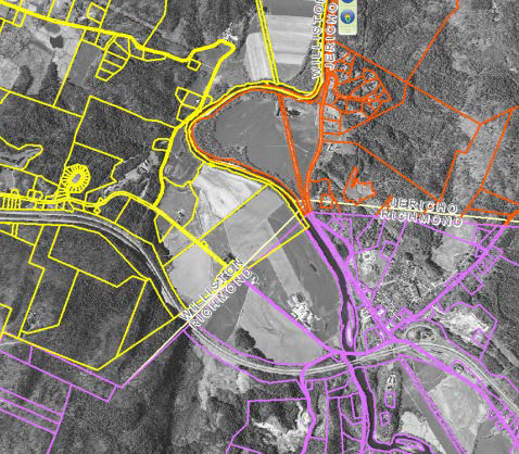 Aerial photo marked to show Vermont’s Jericho, Richmond, and Williston parcels and town boundaries