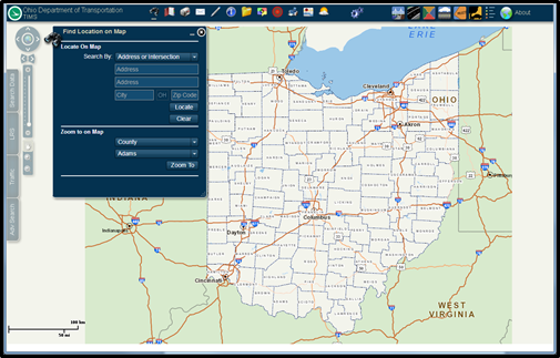 A map displaying phase 1 user interface showing the whole state of Ohio